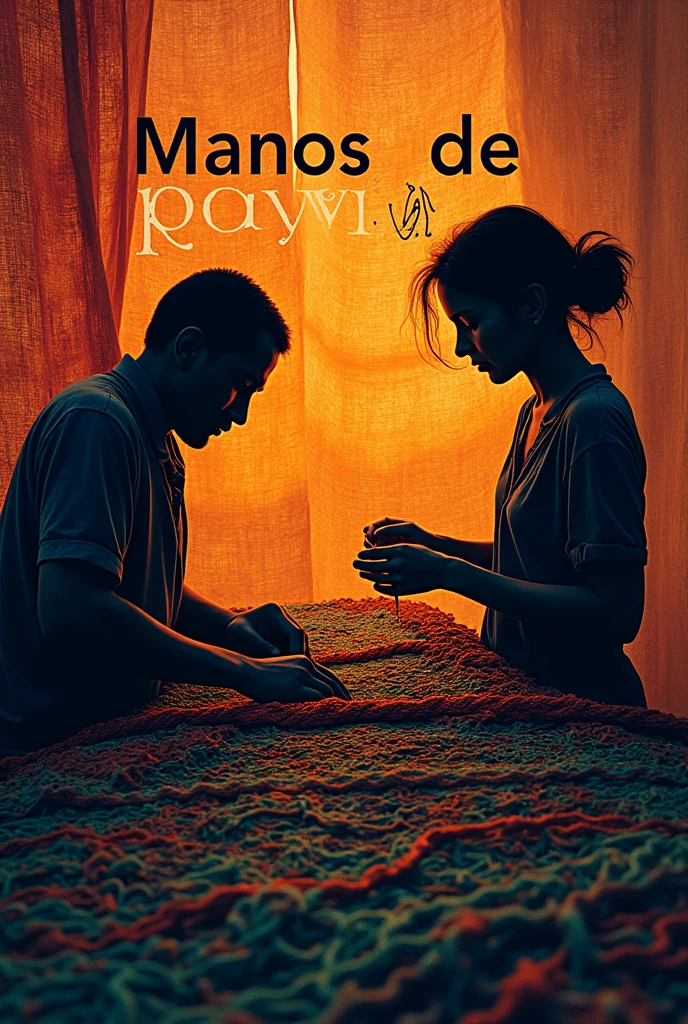 A logo for a company whose name is Manos de poyvi, The logo can have silhouettes of hands working on a fabric of poyvi threads, with details of threads and textures that highlight the craftsmanship, The image must have the name of the company, which is Manos de Poyvi, that the threads can be seen and the threads and textures stand out