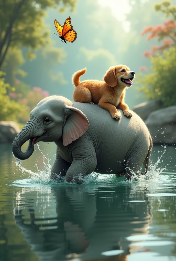 Butterfly and a dog riding on a elephant. The elephant is floating in the watter and splashing water from he's trunk