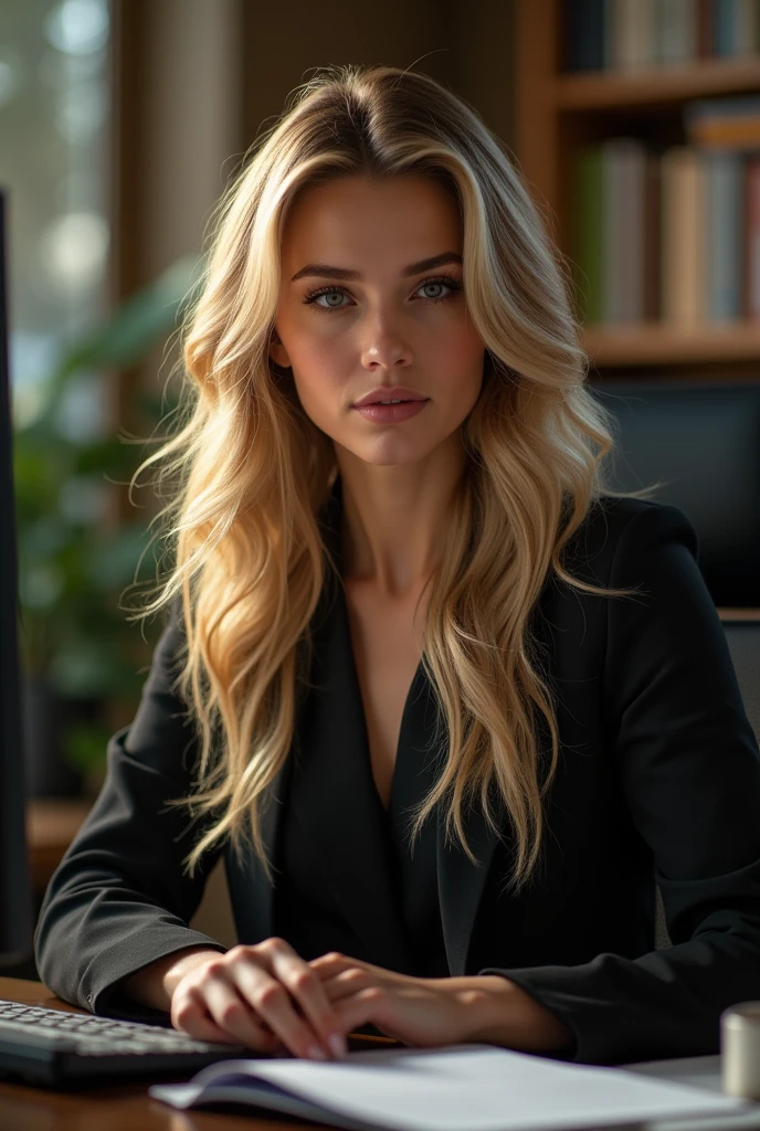 a pretty one with long blonde hair, detailedeyes, nase, and lips, wearing professional clothing, sitting in his office, using your computer, HP computer (best qualityer,4K,8k,high resolution,work of art:1.2),ultra detali,(realisitic,photorealisitic,photo-realisitic:1.37),HDR,studio lighting,extremely detailed face and body, portraite,cinematic lighting,dramatic lighting,warm color tones,dramatic colors INFO