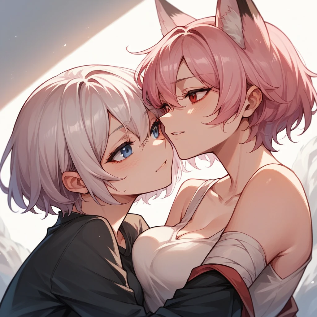 1girl, 1boy, beautiful detailed face, beautiful detailed eyes, beautiful detailed lips, extremely detailed eyes and face, long eyelashes, girl with white hair and (white hair, red eyes), fox ears, boy with white short hair and (white hair, purple eyes), fox ears, naked, intimate, cowgirl, facing viewer, highly detailed, masterpiece, (best quality, 4k, 8k, highres, masterpiece:1.2), ultra-detailed, studio lighting, physically-based rendering, extreme detail description, vivid colors, bokeh