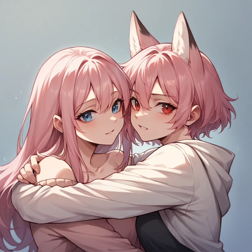 Two fox girls, They are hugging each other, First girl got Long pink hair and blue eyes, Second girl got short white hair and red eyes.