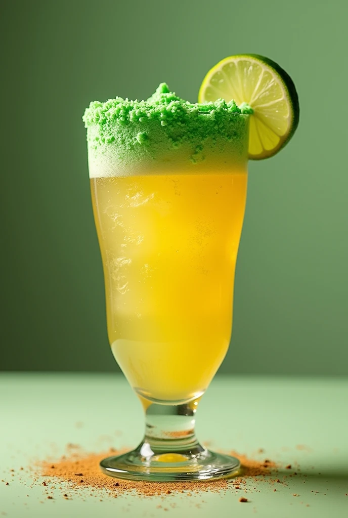 Make a picture of a yellow michelada with green frosting
