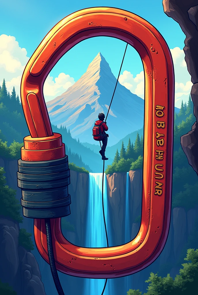 Draw colorful climbing carabiner, on the side of the carabiner carve the name Humju, inside the musket draw a mountain with a waterfall , place a silhouette of a person rappelling down,