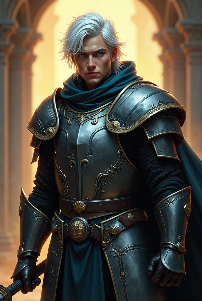 (photorealism:1.2), Paladin , young Men, wearing dark grey light armor with black details, leathers, blue eyes, medium white hair, RPG, D&d,holding a sword,  powerd pose, realistic, intricate details, warm colors, by Greg Rutkowski, by Alphonse Mucha