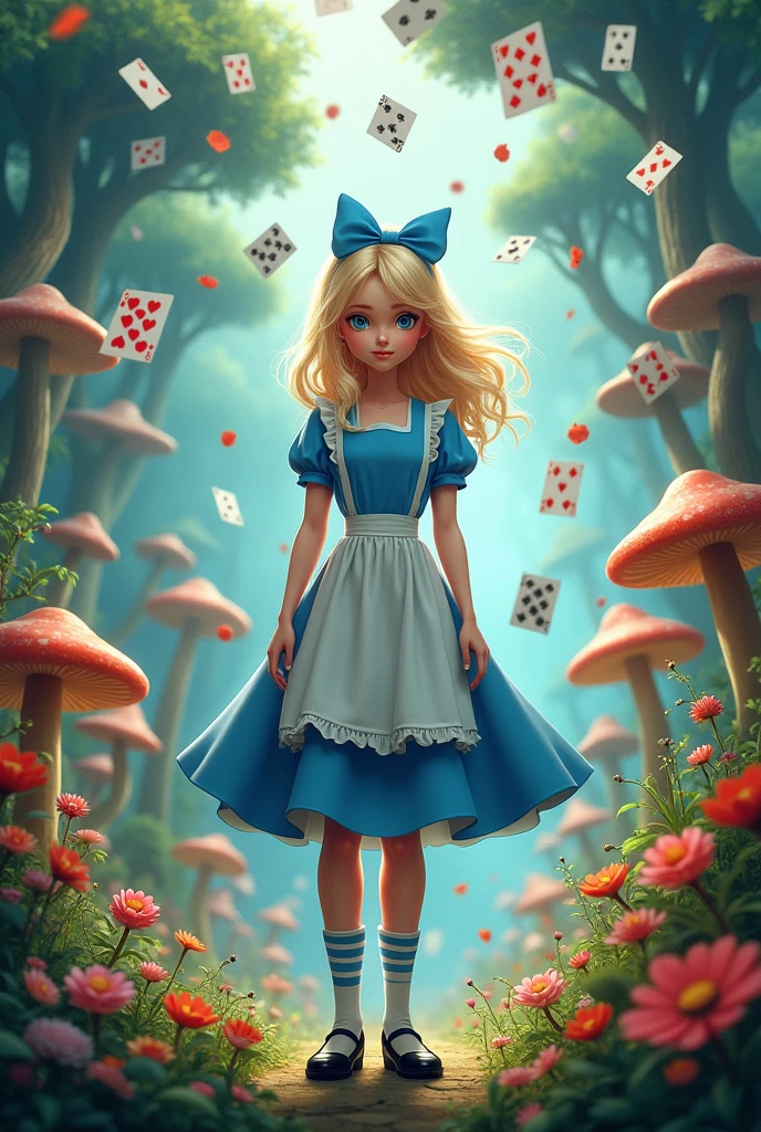 A movie poster, with a blue-eyed blonde, wearing a blue dress with a white apron, striped socks, black shoes and a blue bow in her hair, No fundo, a forest with giant mushrooms and flowers of various species and colors, and playing cards falling from above
