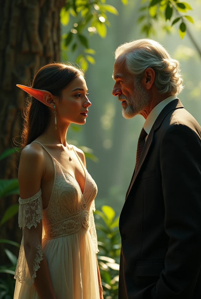 a stunning teenage girl elf, nearly nude in her dress, speaking with a mature gray-haired man in a suit in a jungle near a large tree, detailed face, beautiful detailed eyes, beautiful detailed lips, extremely detailed skin, longeyes lashes, delicate facial features, intricate details, serene expression, elegant posture, warm lighting, lush foliage, dramatic shadows, vibrant colors, fantasy art, cinematic composition, award-winning digital art, 8k, highly detailed, photorealistic, masterpiece