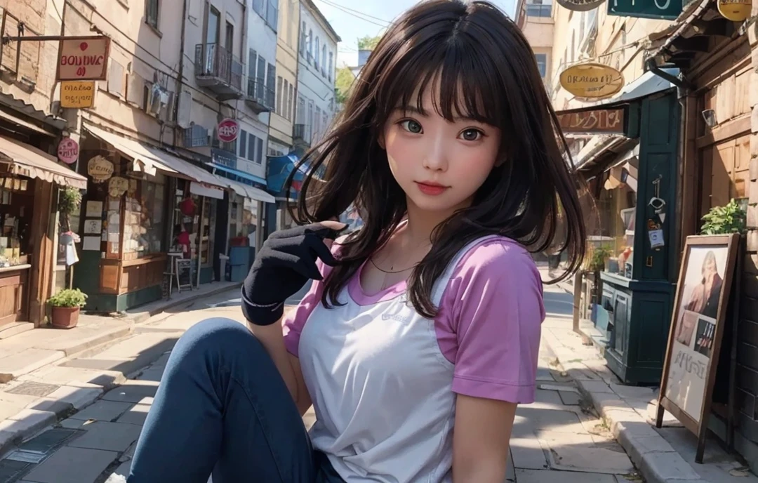 Cute high school girl looking at the camera、white shirt, cycling short,  Best Quality, Photorealistic, 8K, hight resolution, fulcolor, 1girll, Woman, Female, 18 years old,  pink lip,  full bidy shot,  The background is the blue sea in the morning，Bring skin care products closer to the cheeks，With fair skin，semi transparent， view the viewer:1.8, (1girl eyes looking at viewer:1.55), (Medium Hair, brown haired, parted hair:1.45), (Bokeh),