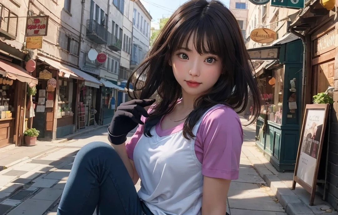 Cute high school girl looking at the camera、white shirt, cycling short, Best Quality, Photorealistic, 8K, hight resolution, fulcolor, 1girll, Woman, Female, 18 years old, pink lip, full bidy shot, The background is the blue sea in the morning,Bring skin care products closer to the cheeks,With fair skin,semi transparent, view the viewer:1.8, (1girl eyes looking at viewer:1.55), (Medium Hair, brown haired, parted hair:1.45), (Bokeh),