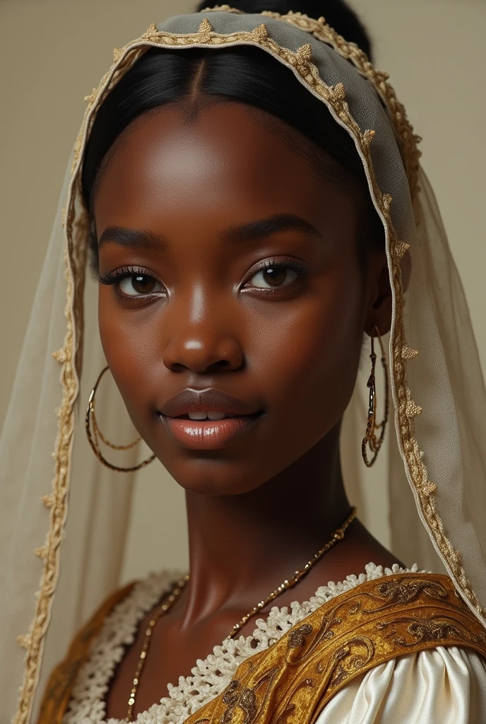portrait of a beautiful young African noble woman with hazel eyes, bride,
full lips, historically accurate 1500s painting, wearing a thin stylish
veil with intricate details, historically accurate clothing, loving,
curiosity, energetic, hyperrealistic, golden ratio, award winning,
professional, highly detailed, intricate,
volumetric lighting, gorgeous, masterpiece, sharp focus, depth of field,
unreal engine, perfect composition, digital art on pixiv, artstation, 8k, hdr, raw
---------------------------------------