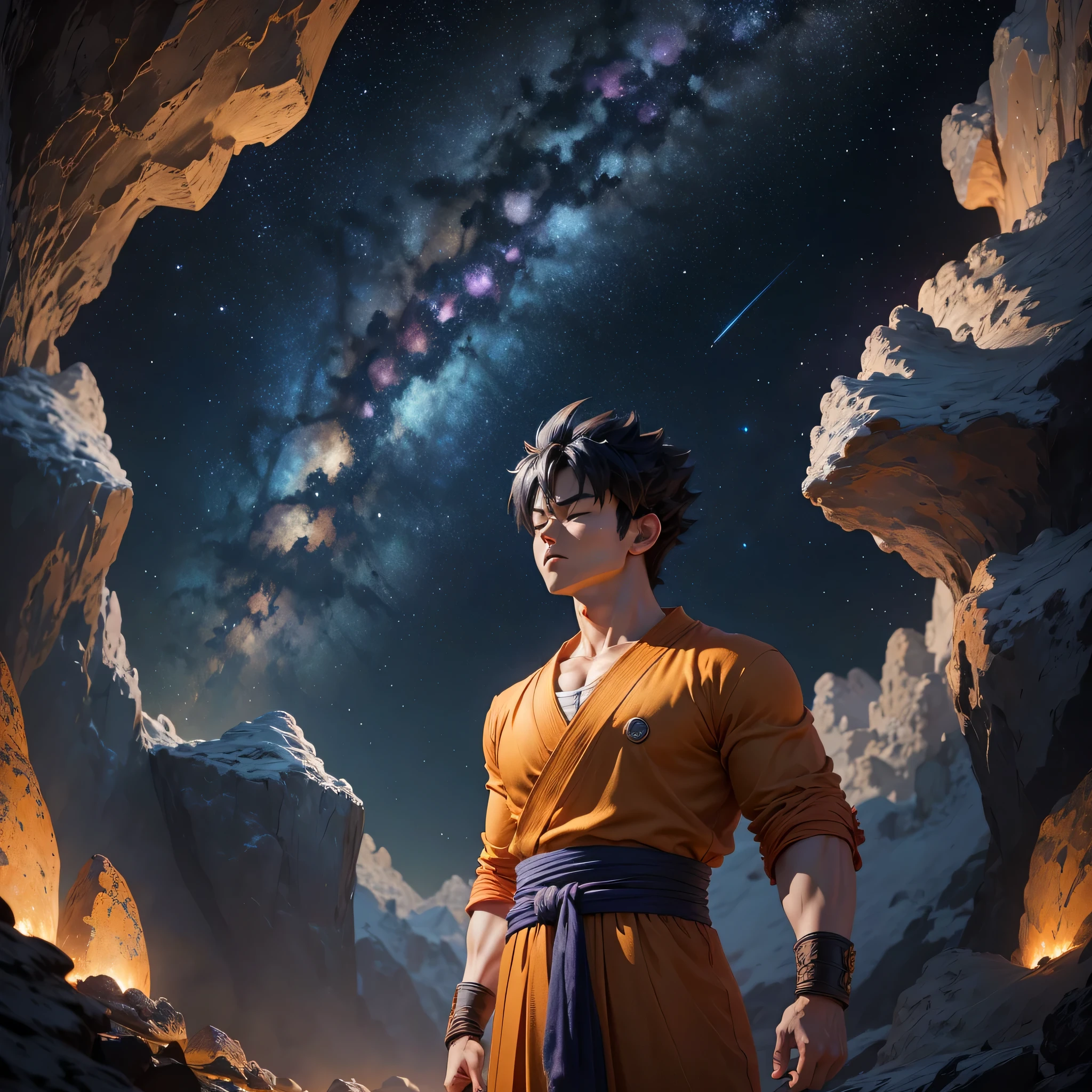 Son Goku, lifelike, looking up, eyes closed, 4k, UHD, 8K, standing under stars, colorful starry night sky,  (masterpiece:1.5) (photorealistic:1.1) (bokeh) (best quality) (intricate) (8k) (HDR) (wallpaper) (cinematic lighting) (sharp focus)