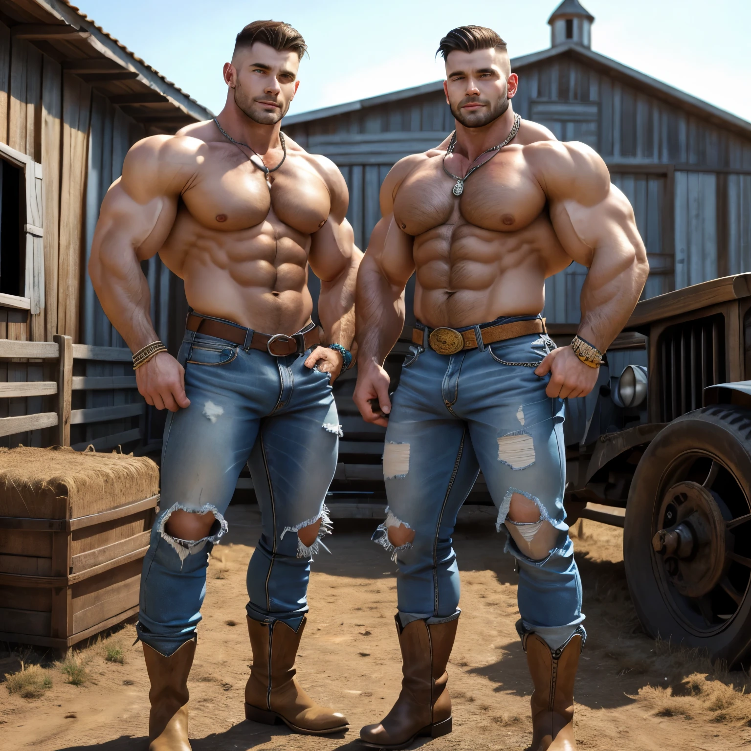 ffull view full body, 2 different white european over-muscular young handsome gay cowboys, with undercut fresh haircuts, wearing old tattered jeans, but brand new incredibly pointy leather cowboy boots and gay styled rings, bracelets, chains and necklaces, front very old farm in middlewest, they show their nice new boots