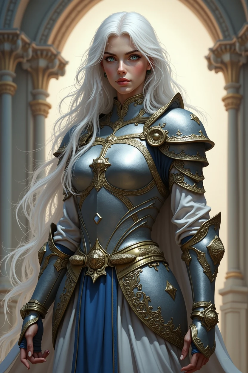 (photorealism:1.2), cleric, young woman, wearing grey light armor, light grey leathers, blue eyes, long white hair, RPG, D&d, soft lighting, powerd pose, realistic, intricate details, warm colors, by Greg Rutkowski, by Alphonse Mucha