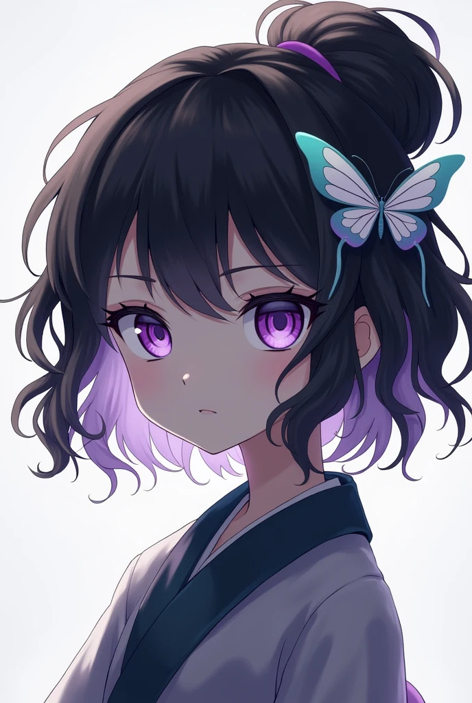 Shinobu is a small young woman with a slender, short build and rather pale skin.. She has big eyes that have no pupils, just a haze of gradient purple, making their eyes look insect-like. She has very short black wavy hair that fades to dark purple at the ends., styled at the back of the head in a flat yakai-maki bun, attached with a white butterfly ornament, turquoise and light purple. She has voluminous curtain bangs, at ear level, distributed in the center, that flows down to frame the sides of the face, with two slightly thinner strands of hair at chin height in front of the ears below them.