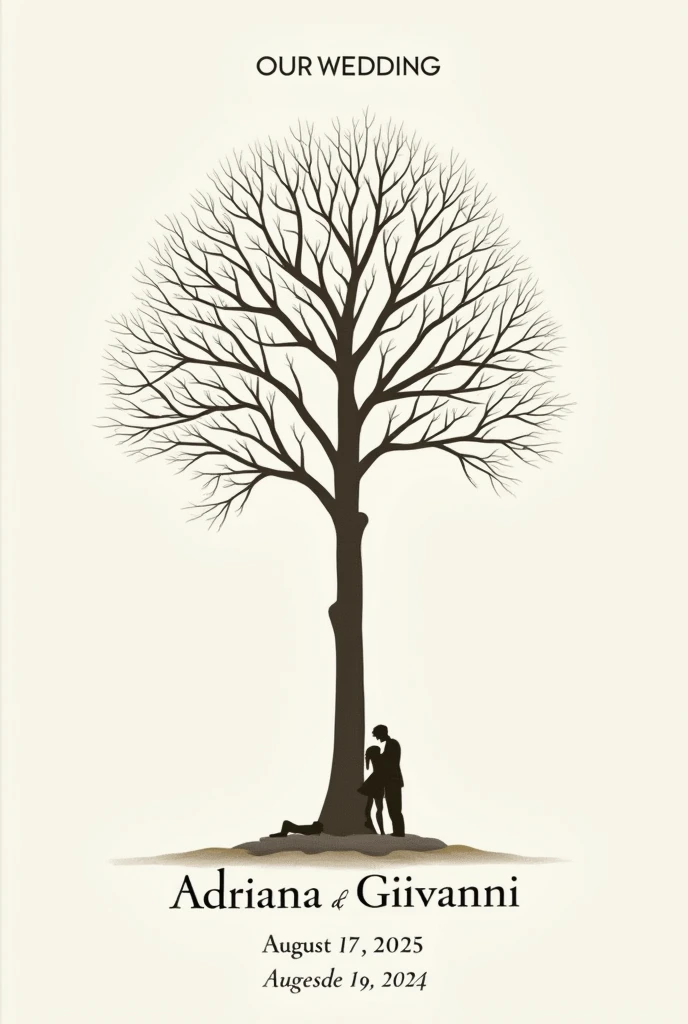 "Create an image of an elegant tree without leaves or flowers with a plain background, Clear. The tree should include the names 'Adriana' and 'Giovanni' prominently displayed at the base of the tree. On the bottom, Add the text 'August 17, 2024'. Add title "Our Wedding" in Spanish, in the header . Add image of two lovers lying on the tree trunk."
