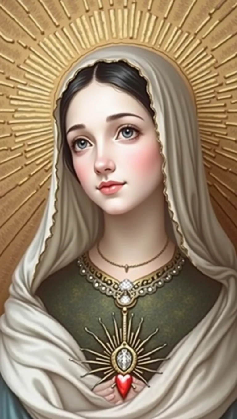 Our Lady of Fatima, Mary of Catholicism, face of mary, face perfect, rosto angelical, blackquality hair, white veil, ultra realisitic, wall-paper, super realistico, beautiful  face, heavenly beauty, Catholic, holy mary, Mother of God, only upper part, Heart of Our Lady of Fatima, slightly-smile, cute face, facial expression of tenderness, slightly-smile, Maternal love, standing alone, perfect youthful face, detalhes super realistico, extreme detailed face, PICTURE REALISTIC, detail in the calm eyes, detalhe no face perfect, perfect catholic image,incredible beauty , gold and diamond crown, beautiful heart, Catholic Heaven.