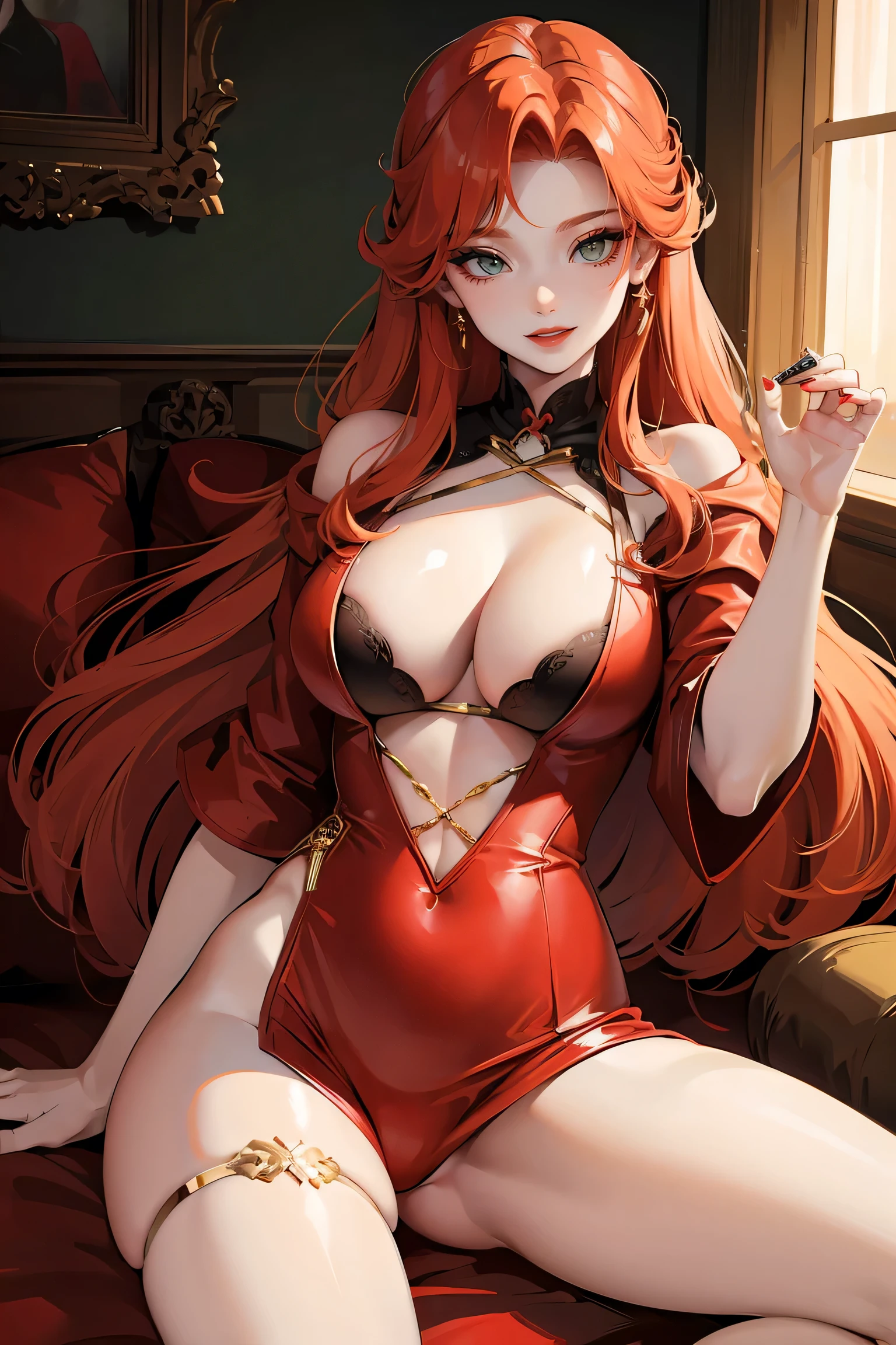 long ginger hair, green eyes, large cleavage, pale skin, glam makeup, smile, wink, red lipstick, split, open legs, curvy, erotic, pretty hands