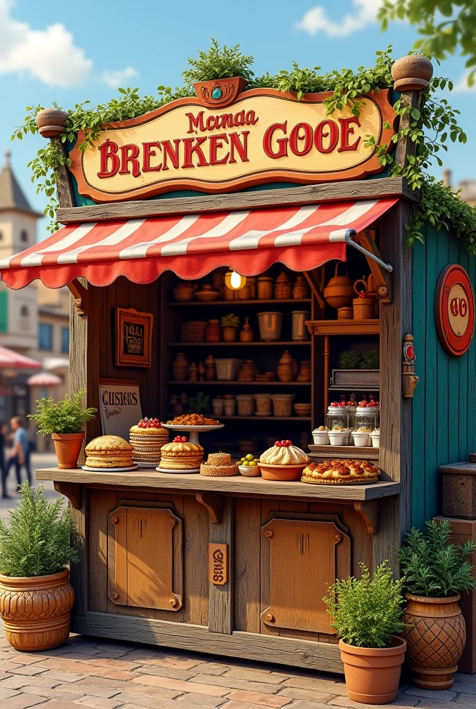 help me create a remodeling of a wooden booth selling food and desserts