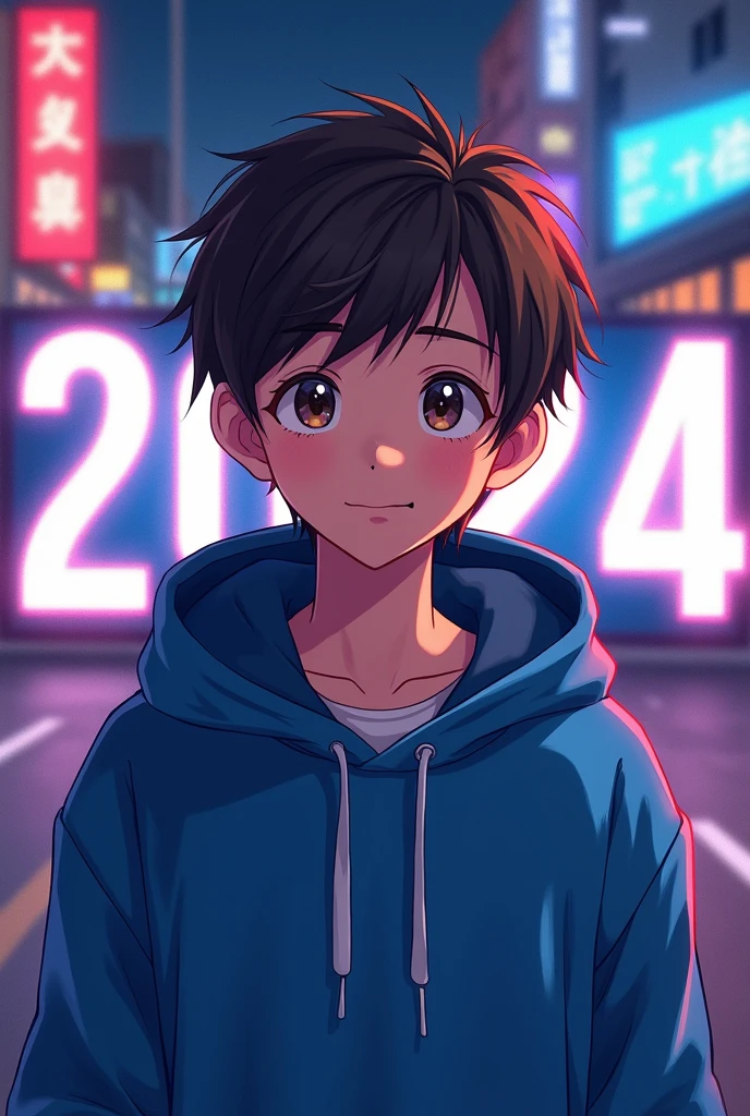 anime boy with a blue hoodie and dark brown hair with a background that says 2024