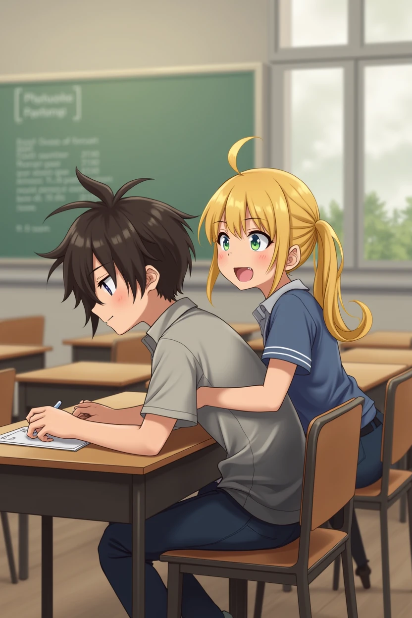 fund: a classroom.  Personagens: A has messy hair, and appears to be sleepy, She's sitting in the chair, looking back. In the chair behind her, the one with blond hair smiling, sitting in the chair behind hers