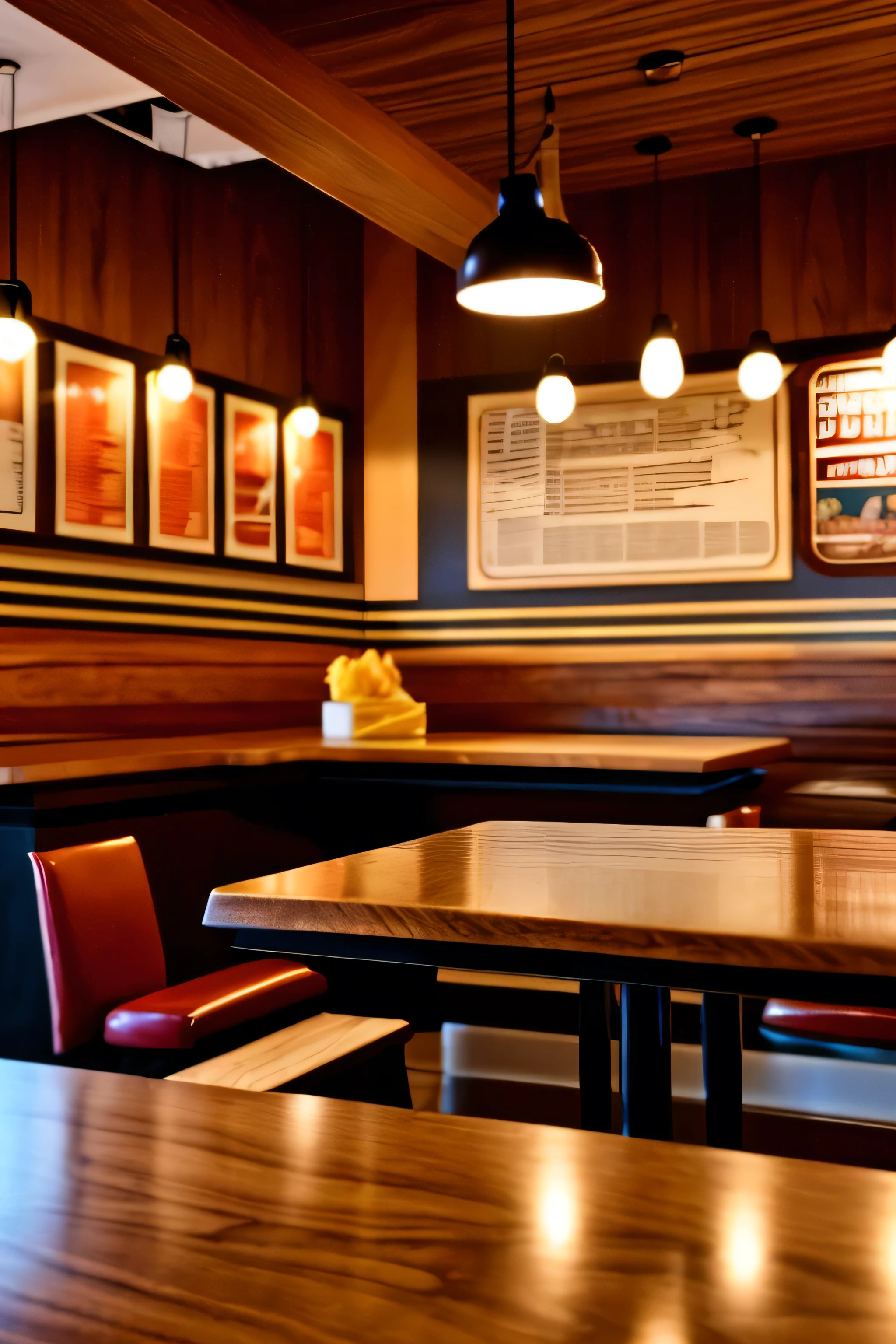 Create the ambiance of a classic burger joint with artisanal burgers, where there is a light and warm environment, that creates the desire to eat with a counter in the foreground very close by where you can include an object, use the focus of a wide angle camera focused on the wood of the counter