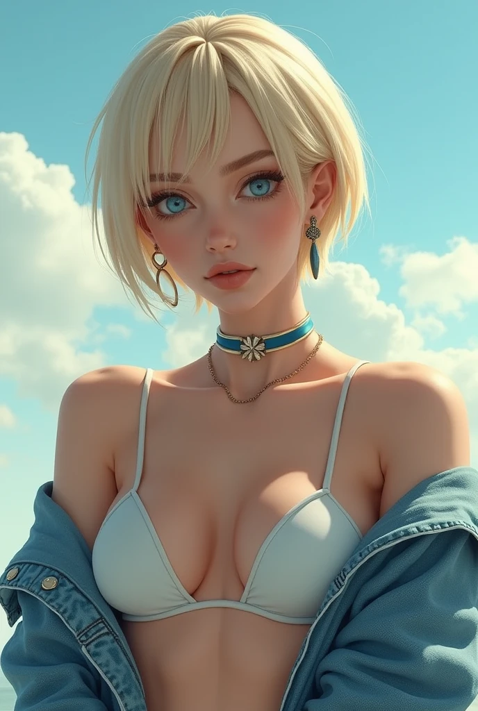 1girl, solo, android 18, blonde hair, blue eyes, short hair, jewelry, earrings, smile, jacket, looking to the side, denim, denim jacket, upper body, lingerie, closed mouth, cloud, sky, day, looking away, blue sky, collarbone,Fully naked,