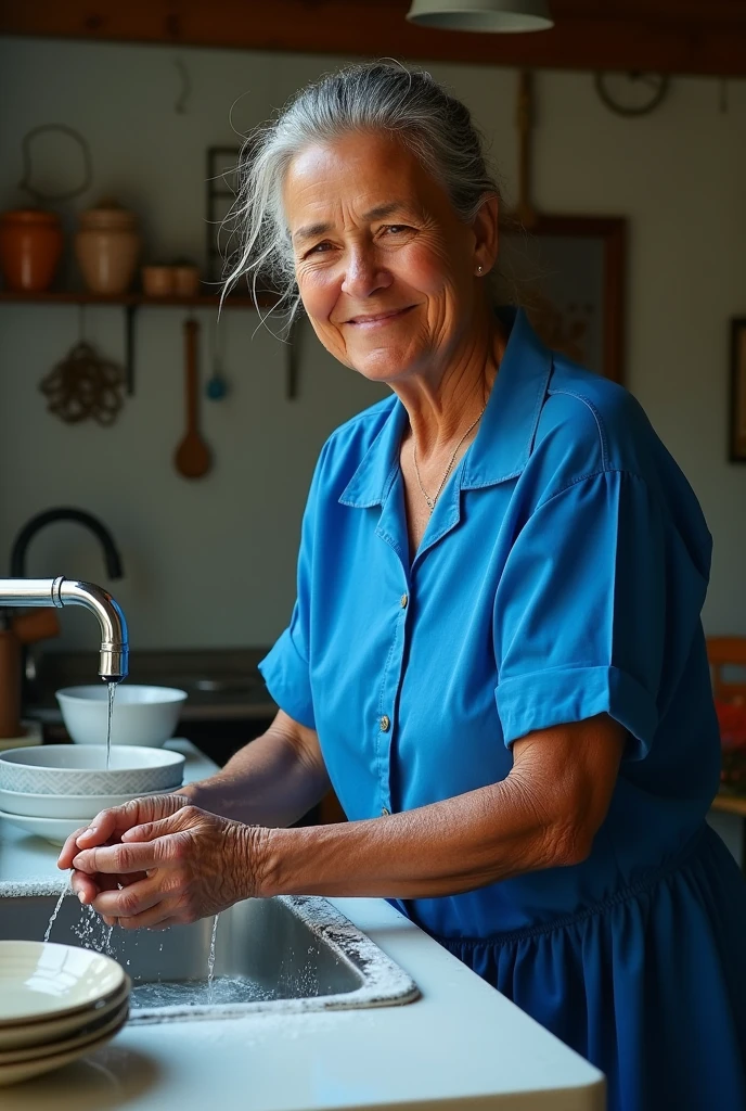 Middle aged Brazilian woman washing dishes with cold water in blue dress and smiling

