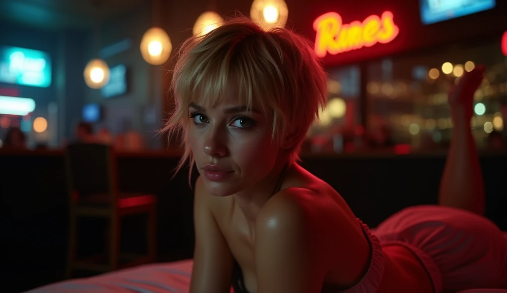 (((Horror movies 80’s))), modern blonde 30 year old young woman, melbourne Australia, movie, wearing dress, short pixie hair, floppy hair, messy hair, looking sultry, cinematic, photo real,, backlit, panavision, depth of field, night time, sexy, bed, in a discreet club, 21st century, bar, (((horror movies)))