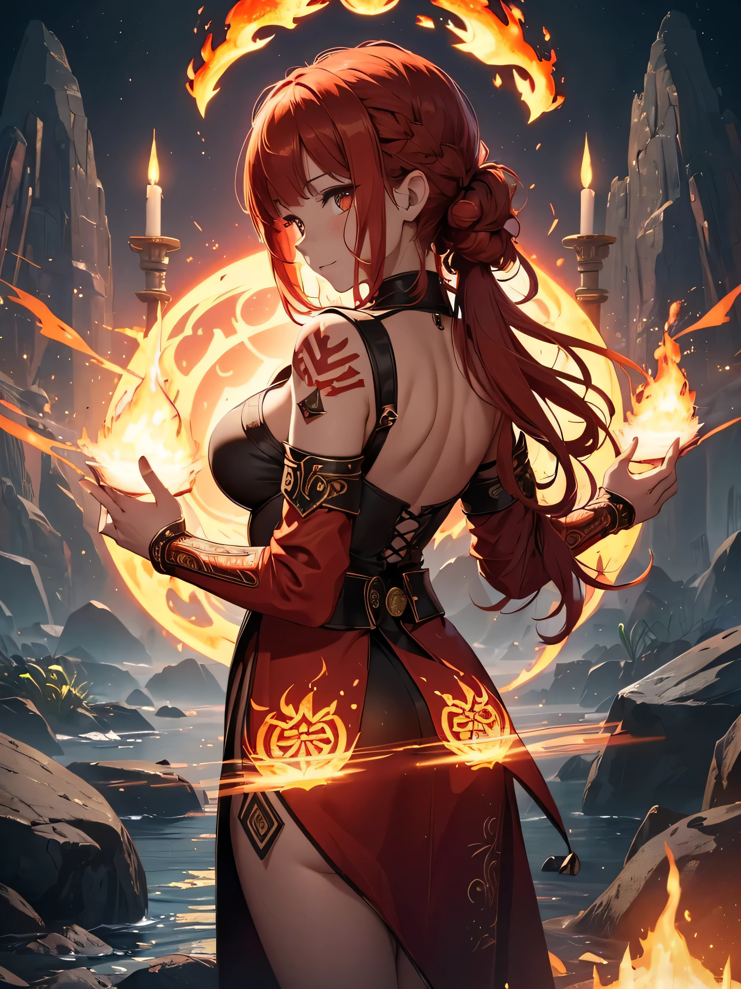 (((best quality, sharp image, clear image, cinematic lighting, 8k resolution, masterpiece, ultra detailed, intricate))) Girl, (((looking over shoulder))), shot from behind, ((half shot)), fire mage, cute, fiery red hair, pigtails in hair, (intricate dress), (white dress), ribbons in hair, smiling, fiery red, ((intricate Portal background)), ((fire magic)), candles, ((glowing runes on skin)), (flame patterns), ((fiery lotus flowers)), busy background., ((fire sigils)), (rock formations), Exploding rock, lavafalls, gauntlets, ((Red rubies))