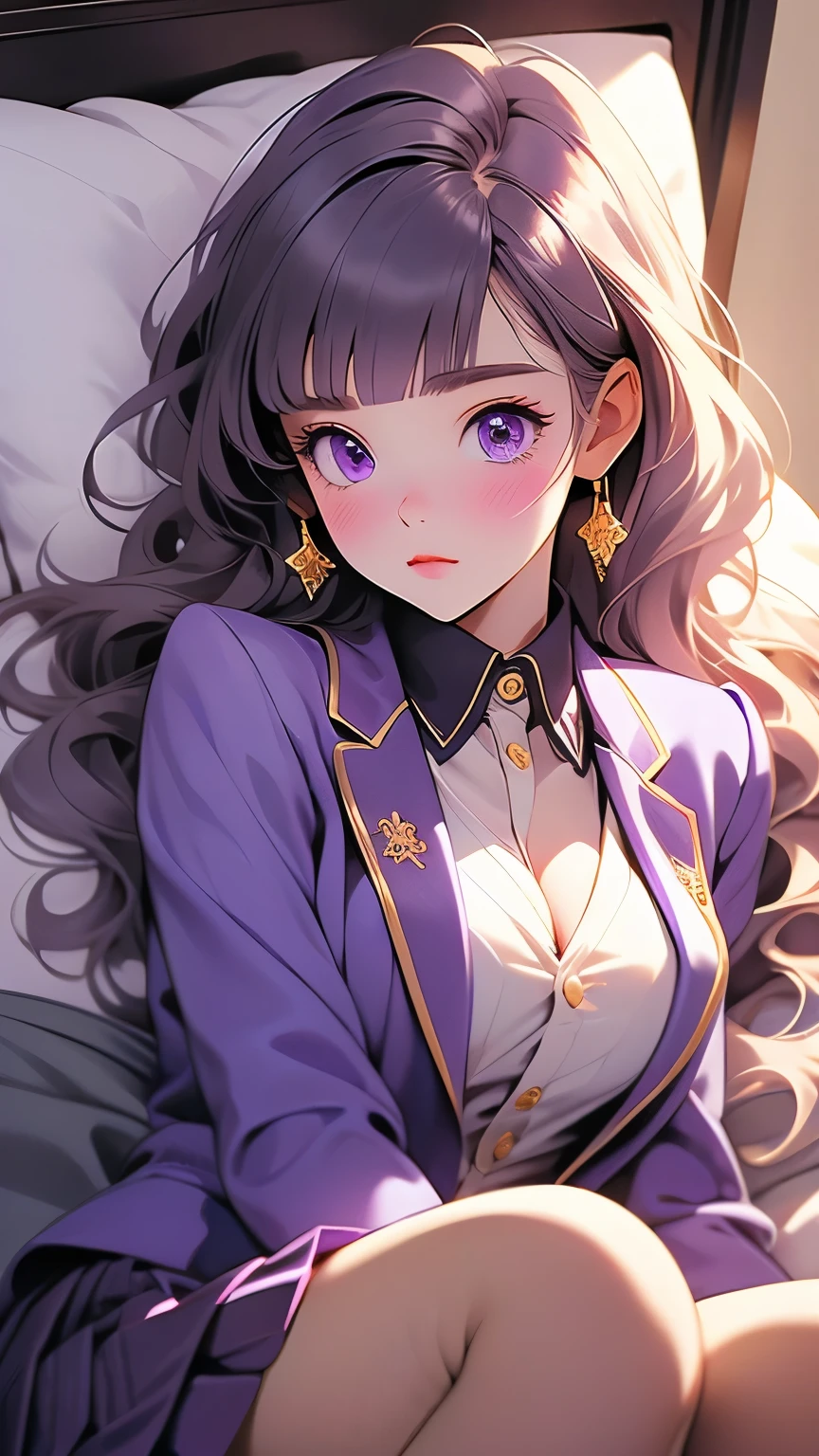 A cute white girl long hair, blunt bangs, purple eyes, school uniform, purple jacket, golden blazer, pantyhose, purple-golden shirt, black ribbon, pleated skirt, lying on bed full body image, blush, embarrassed , cleavage