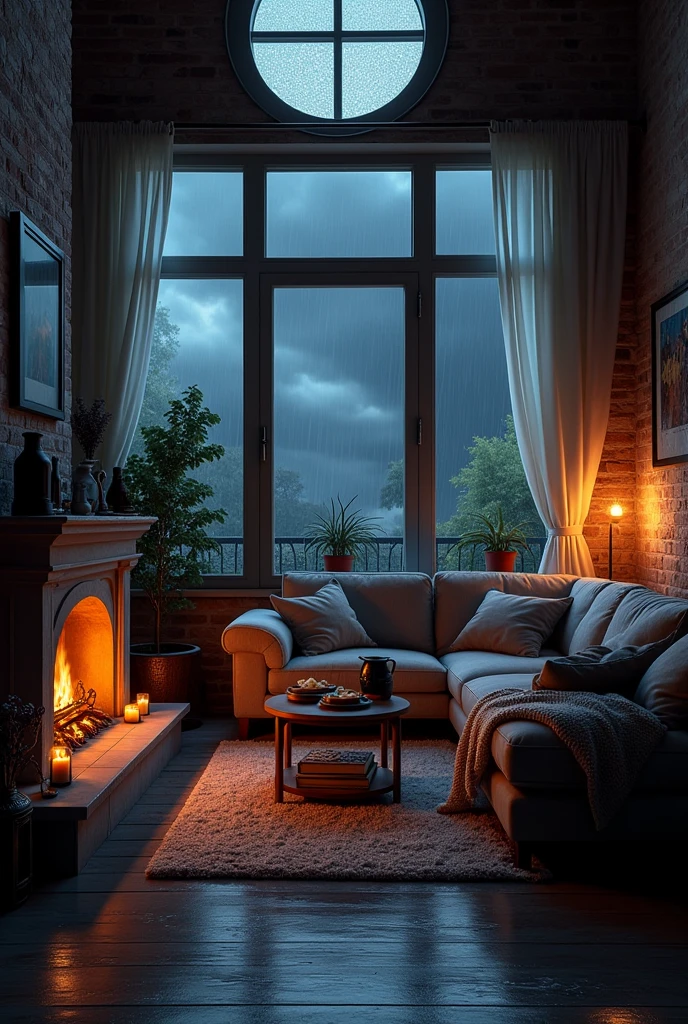 Large cozy den room, rainstorm outside, dark clouds outside, L shaped comfy couch, pillows, blanket, fireplace, electric guitar, medium tv, speakers, dimmly lit, snacks on a small side table, hot coffee, whiskey, skylight, round window, sexy, homey, gentleman decor, candles