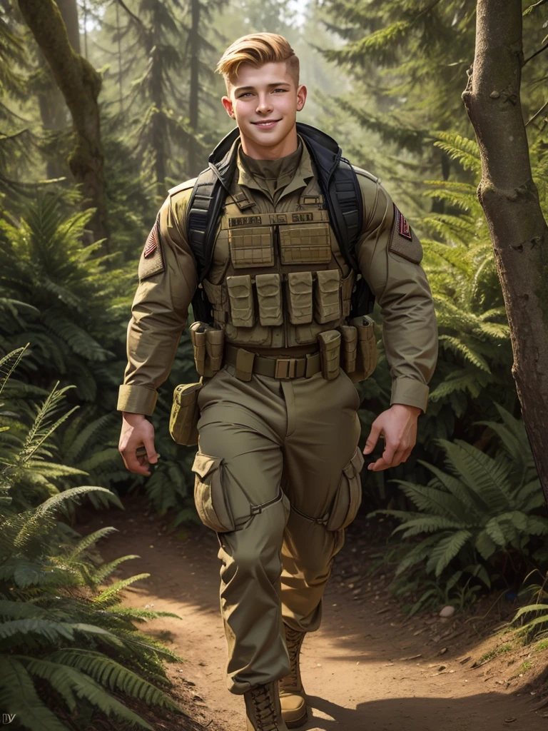  illustration in Leyendecker style;  arafed male in a military uniform walking in the woods,model is wearing tactical vest,he is about 20 years old | short,he looks like tye sheridan,jakub gazmercik,aesthetics,pouches,discord moderator,voitv,distinct,teasing_smile,blonde hair,upper_body,portrait,close-up,