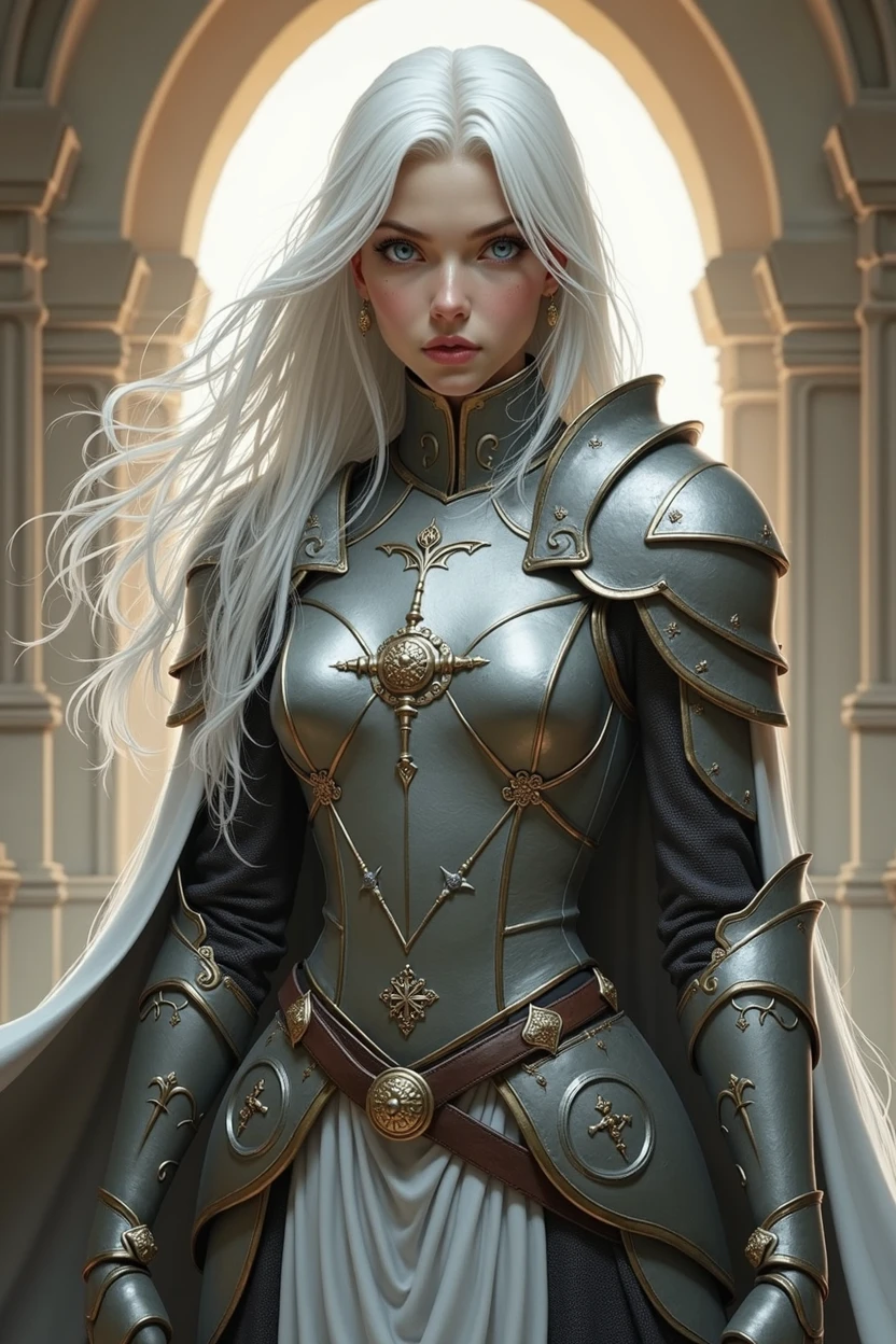 (photorealism:1.2), cleric, young woman, wearing grey light armor, light grey leathers, blue eyes, long white hair, RPG, D&d, soft lighting, powerd pose, realistic, intricate details, warm colors, by Greg Rutkowski, by Alphonse Mucha