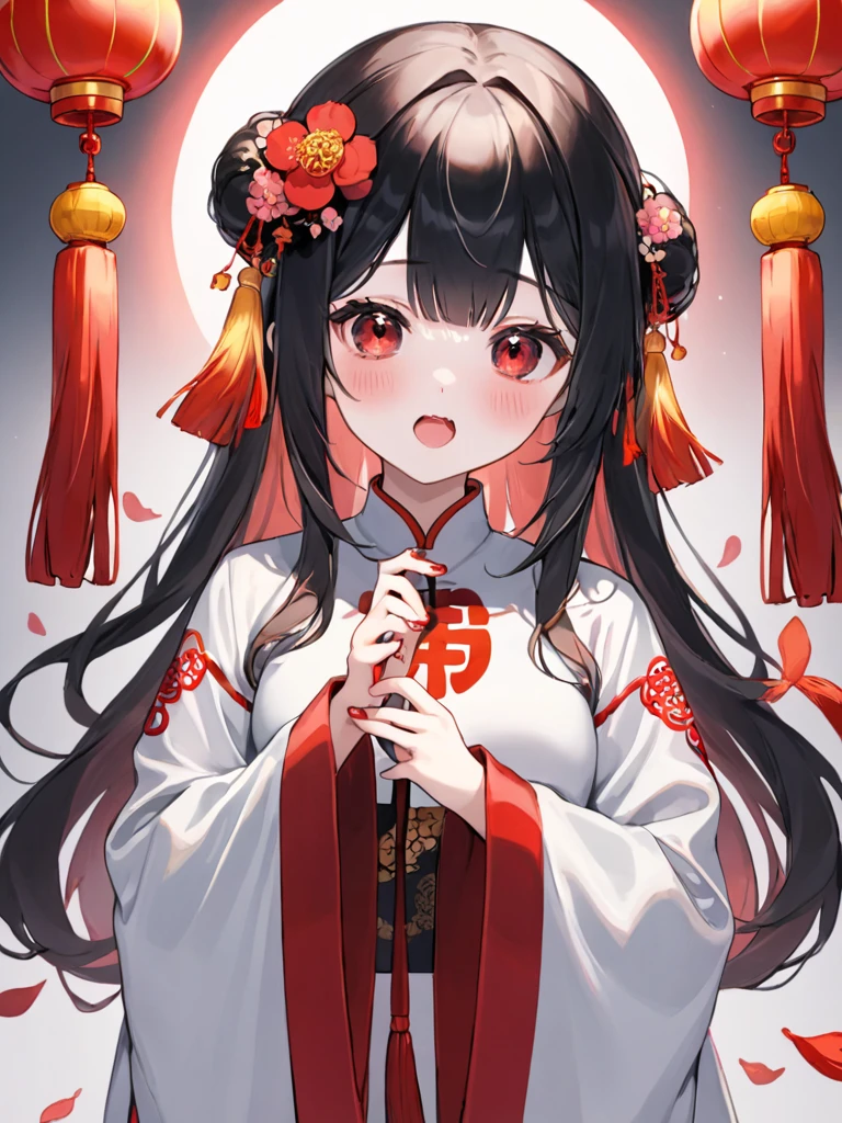 ultra-detailed,(best quality),((masterpiece)),(highres),original,extremely,hutao, 1girl, white background, blush, ghost, simple background, holding hair, long sleeves, holding, symbol-shaped pupils, looking at viewer, hair ornament, solo, red eyes, flower-shaped pupils, open mouth, flower, chinese clothes, tassel, nail polish, upper body, alternate hairstyle