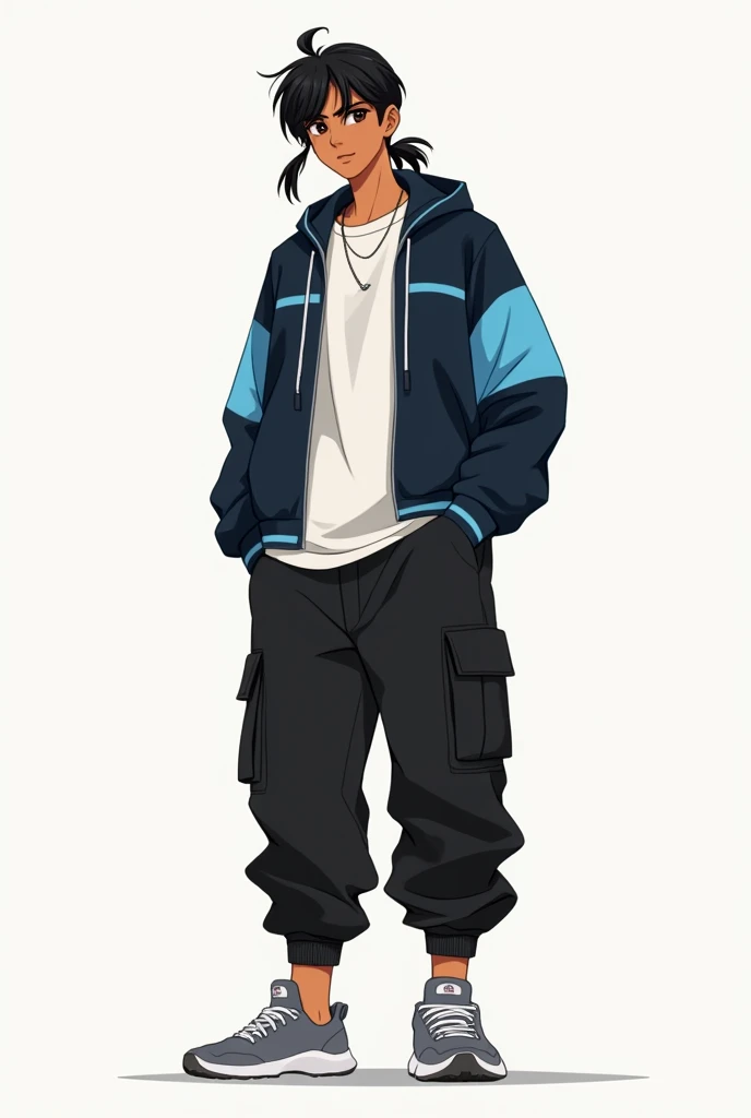 A young  male with a caramel brown skin tone, with long black hair in a small low ponytail, She has two locks falling on the sides of her face and a slight messy fringe., dark brown eyes, a good physique focused more on speed and agility, wear baggy black cargo pants, gray tennis shoes, white flat sweater and a dark blue jacket with light blue details, black and white