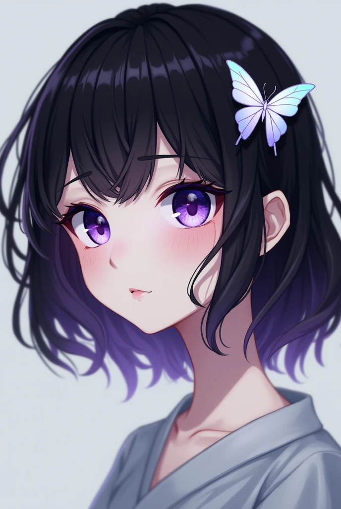 Shinobu is a small young woman with a slender, short build and rather pale skin.. She has big eyes that have no pupils, just a haze of gradient purple, making their eyes look insect-like. She has very short black wavy hair that fades to dark purple at the ends., styled at the back of the head in a flat yakai-maki bun, attached with a white butterfly ornament, turquoise and light purple. She has voluminous curtain bangs, at ear level, distributed in the center, that flows down to frame the sides of the face, with two slightly thinner strands of hair at chin height in front of the ears below them.