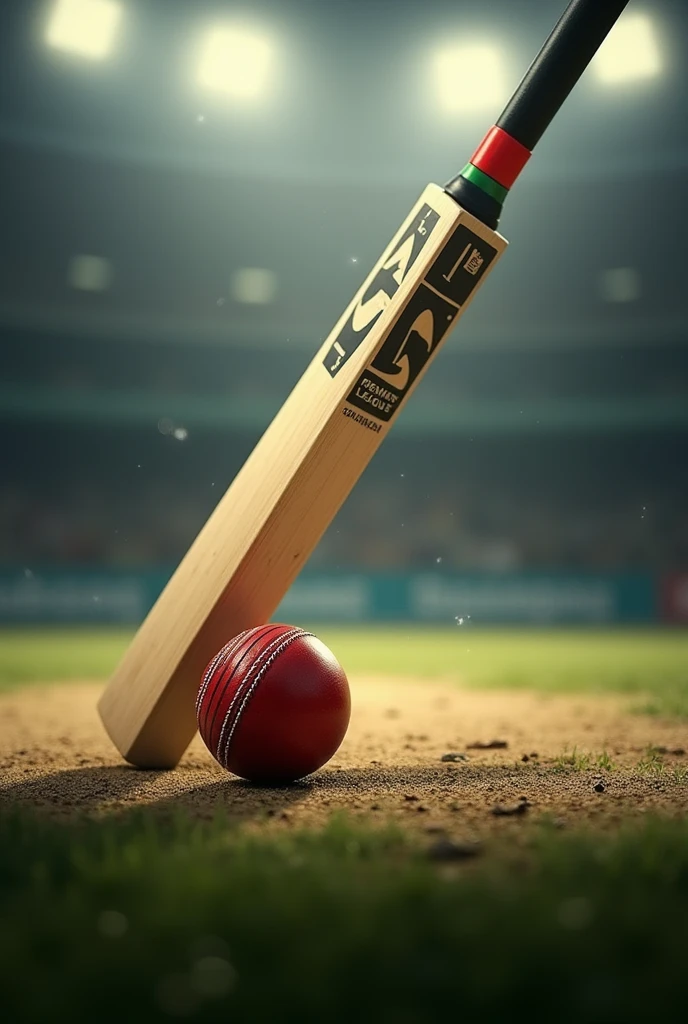 Create a picture for Cricket Tournament with bat and ball and low opacity to write content and logo as "Legends Premier League"