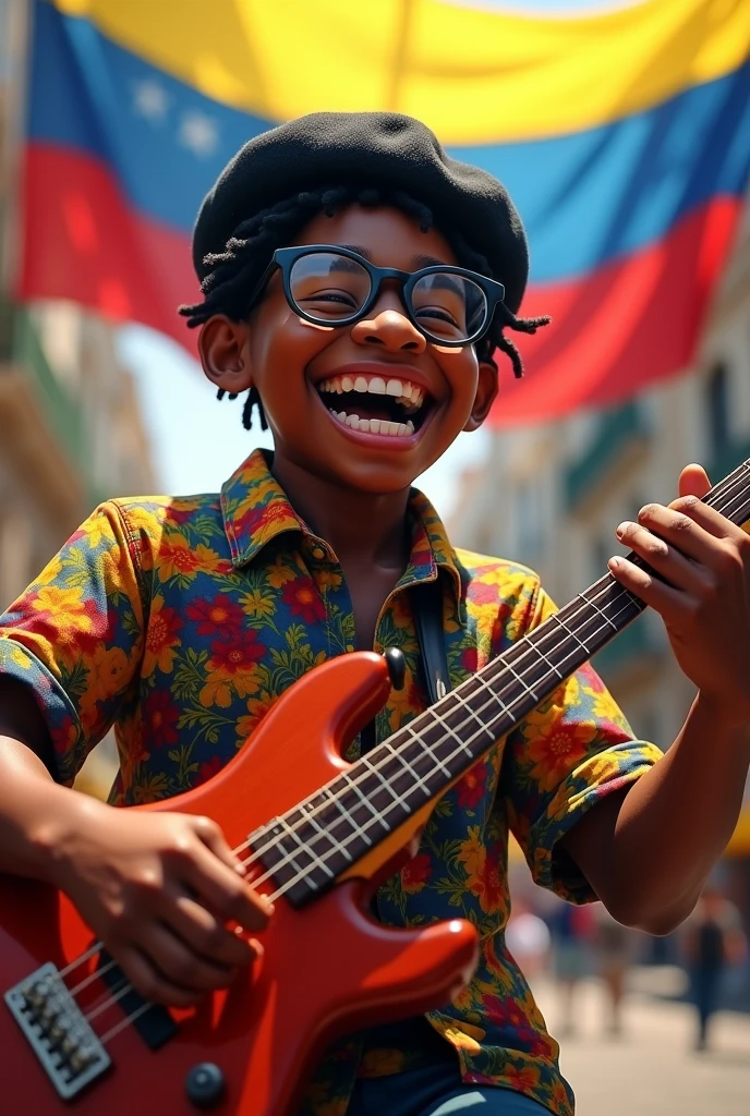 (Dark-skinned tropical musician with a fat complexion playing babybass in a square dressed in the Venezuelan flag smiling with glasses and a black beret without hair