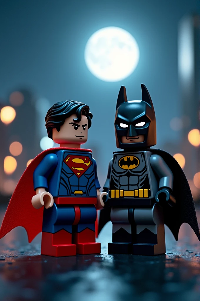 Superman and Batman in lego art, night