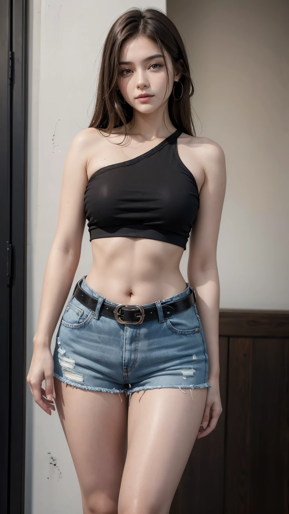 Beautiful 18 year old brunette girl wearing black one shoulder top and high waisted denim shorts with belt showing her T shaped belly button with thick legs