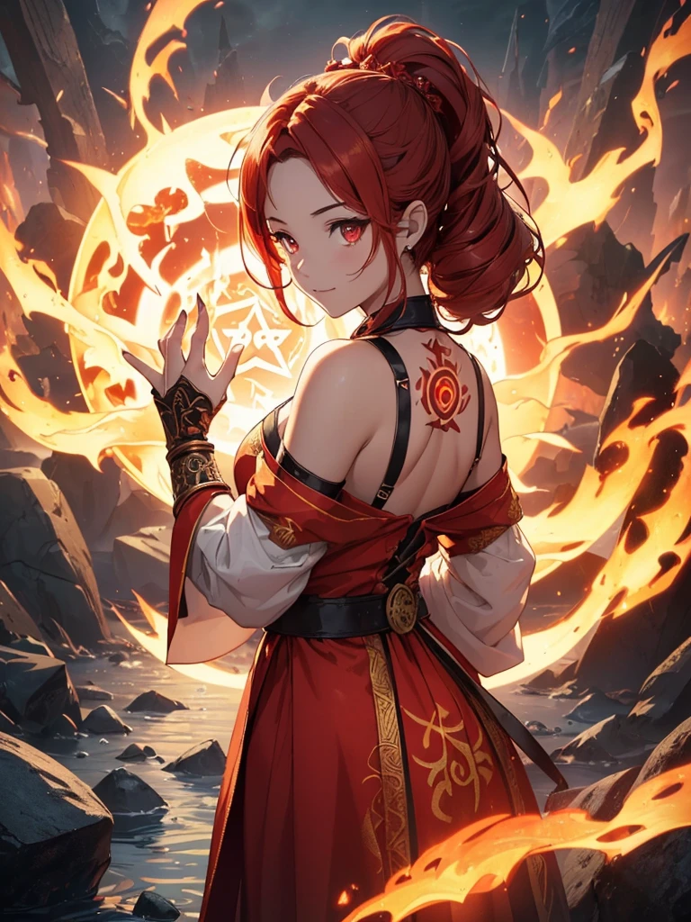 (((best quality, sharp image, clear image, cinematic lighting, 8k resolution, masterpiece, ultra detailed, intricate))) Girl, (((looking over shoulder))), shot from behind, ((half shot)), fire mage, cute, fiery red hair, pigtails in hair, (intricate dress), (white dress), ribbons in hair, smiling, fiery red, ((intricate Portal background)), ((fire magic)), candles, ((glowing runes on skin)), (flame patterns), ((fiery lotus flowers)), busy background., ((fire sigils)), (rock formations), Exploding rock, lavafalls, gauntlets, ((Red rubies))