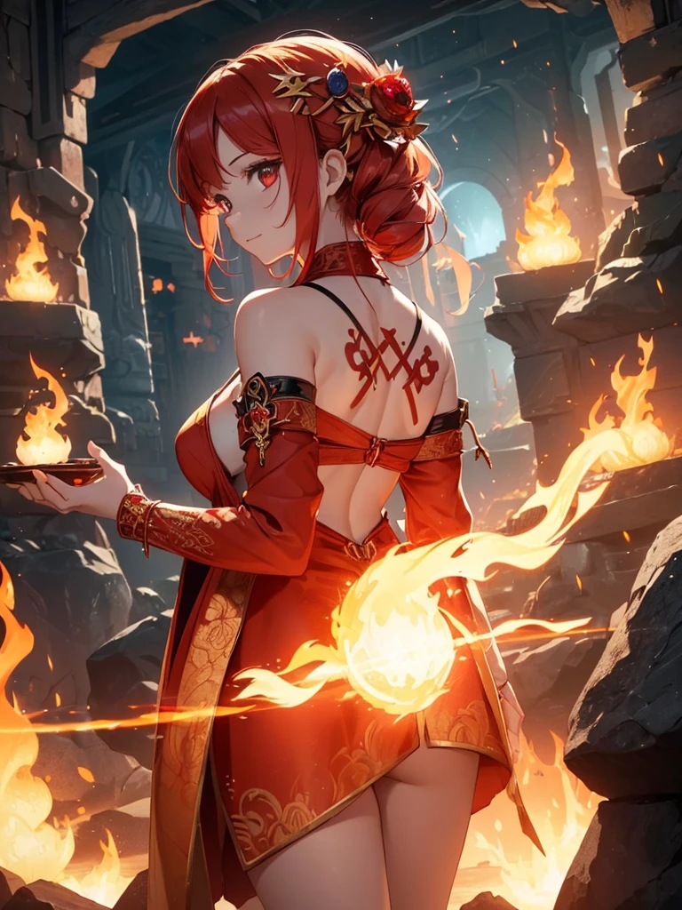 (((best quality, sharp image, clear image, cinematic lighting, 8k resolution, masterpiece, ultra detailed, intricate))) Girl, (((looking over shoulder))), shot from behind, ((half shot)), fire mage, cute, fiery red hair, pigtails in hair, (intricate dress), (white dress), ribbons in hair, smiling, fiery red, ((intricate Portal background)), ((fire magic)), candles, ((glowing runes on skin)), (flame patterns), ((fiery lotus flowers)), busy background., ((fire sigils)), (rock formations), Exploding rock, lavafalls, gauntlets, ((Red rubies))