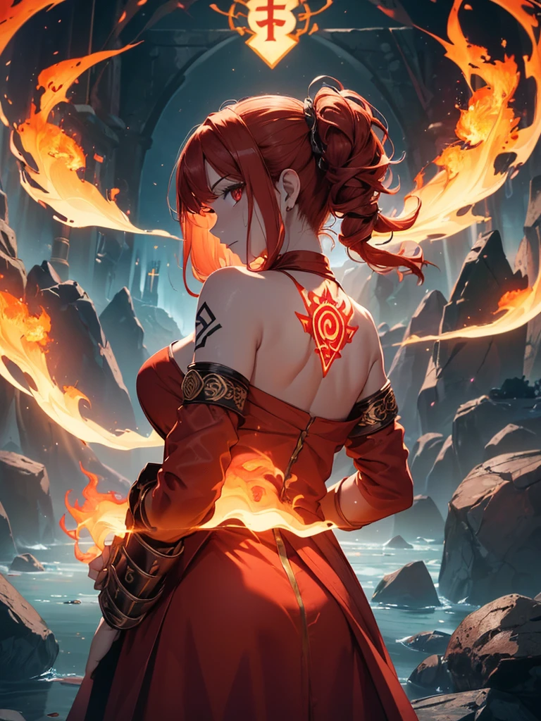 (((best quality, sharp image, clear image, cinematic lighting, 8k resolution, masterpiece, ultra detailed, intricate))) Girl, (((looking over shoulder))), shot from behind, ((half shot)), fire mage, cute, fiery red hair, pigtails in hair, (intricate dress), (white dress), ribbons in hair, smiling, fiery red, ((intricate Portal background)), ((fire magic)), candles, ((glowing runes on skin)), (flame patterns), ((fiery lotus flowers)), busy background., ((fire sigils)), (rock formations), Exploding rock, lavafalls, gauntlets, ((Red rubies))