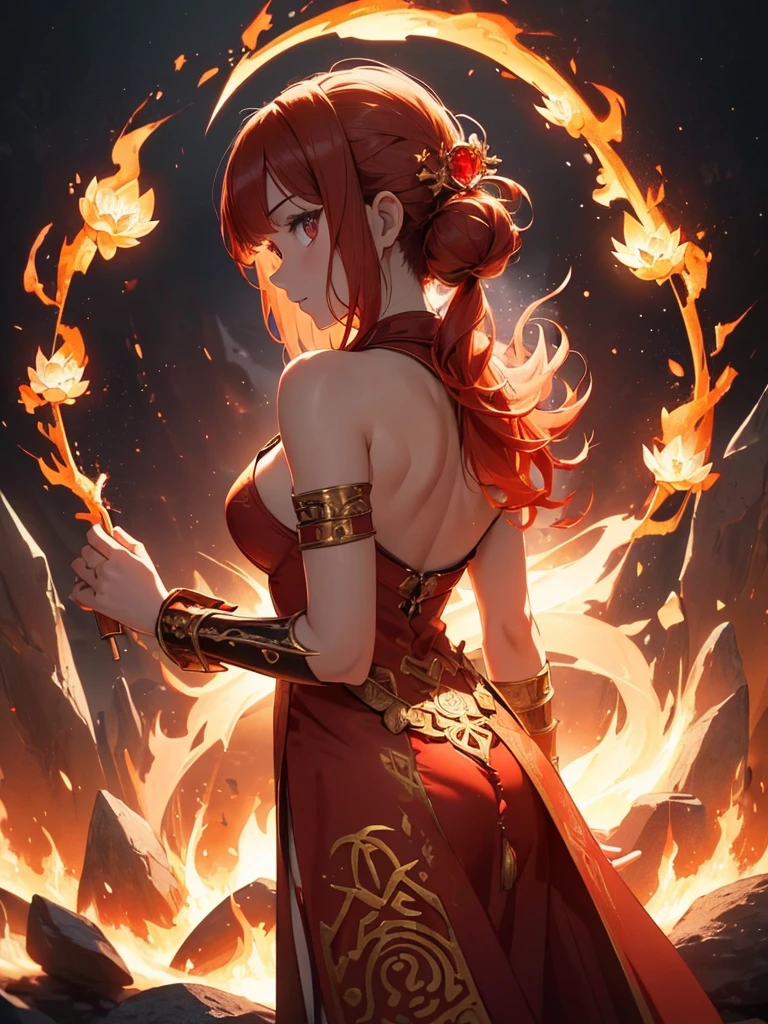 (((best quality, sharp image, clear image, cinematic lighting, 8k resolution, masterpiece, ultra detailed, intricate))) Girl, (((looking over shoulder))), shot from behind, ((half shot)), fire mage, cute, fiery red hair, pigtails in hair, (intricate dress), (white dress), ribbons in hair, smiling, fiery red, ((intricate Portal background)), ((fire magic)), candles, ((glowing runes on skin)), (flame patterns), ((fiery lotus flowers)), busy background., ((fire sigils)), (rock formations), Exploding rock, lavafalls, gauntlets, ((Red rubies))