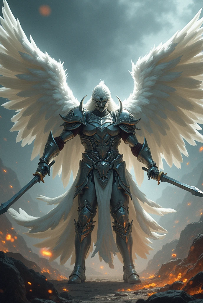 A warrior with armor and huge white wings fights with a sword against the demon