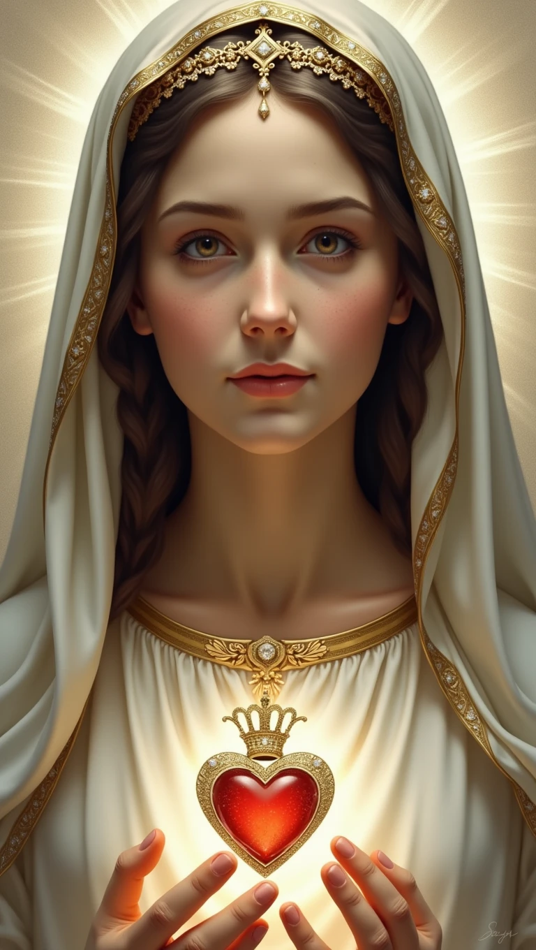 Our Lady of Fatima, Mary of Catholicism, face of mary, face perfect, rosto angelical, blackquality hair, white veil, ultra realisitic, wall-paper, super realistico, beautiful  face, heavenly beauty, Catholic, holy mary, Mother of God, only upper part, Heart of Our Lady of Fatima, slightly-smile, cute face, facial expression of tenderness, slightly-smile, Maternal love, standing alone, perfect youthful face, detalhes super realistico, extreme detailed face, PICTURE REALISTIC, detail in the calm eyes, detalhe no face perfect, perfect catholic image,incredible beauty , gold and diamond crown, beautiful heart, Catholic Heaven.