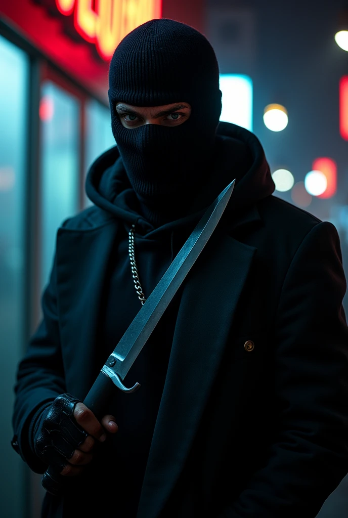 Drug dealer wearing a balaclava carrying a machete