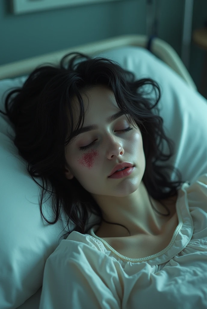 Dark haired woman, with an ugly mark on his face, sleeping in a hospital bed,
