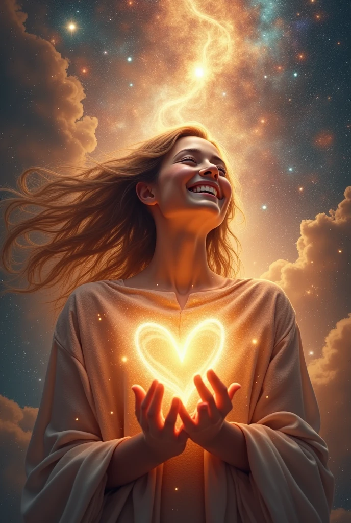 Love coming from the heart of a happy person illuminated by the universe