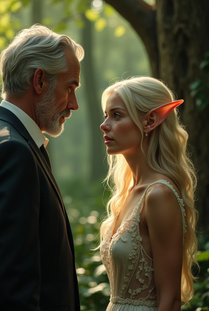 a stunning blond age girl elf, nearly nude in her dress, speaking with a mature gray-haired man in a suit in a jungle near a large tree, detailed face, beautiful detailed eyes, beautiful detailed lips, extremely detailed skin, longeyes lashes, delicate facial features, intricate details, serene expression, elegant posture, warm lighting, lush foliage, dramatic shadows, vibrant colors, fantasy art, cinematic composition, award-winning digital art, 8k, highly detailed, photorealistic, masterpiece