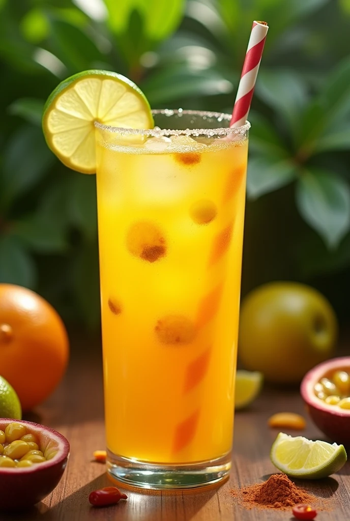Make a picture of a yellow michelada that has passion fruit inside